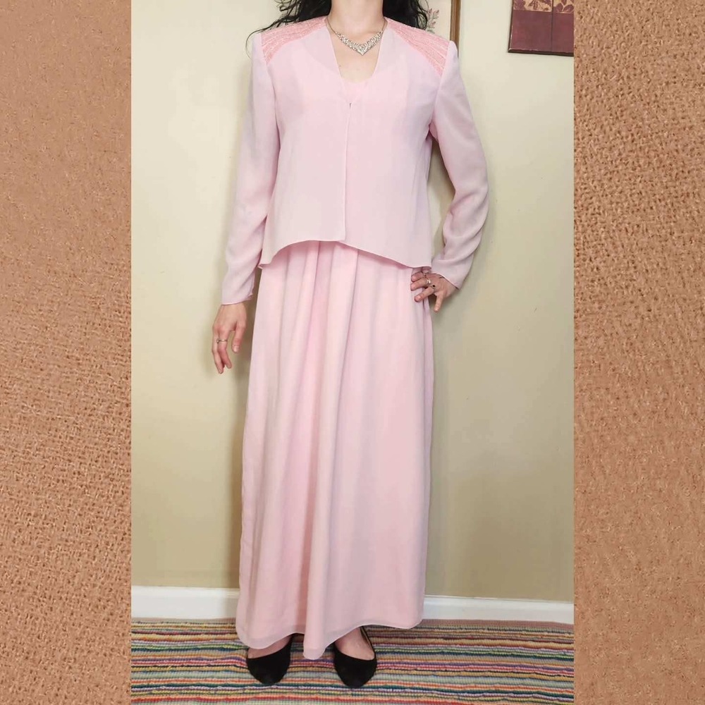 Vintage 1990s Blush Pink Chiffon Two-Piece Dress & Jacket Set